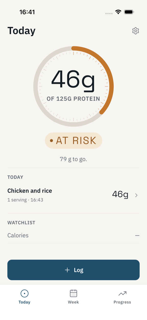 Keel's Today screen: a ring showing 46 g of a 125 g protein floor, and the verdict AT RISK